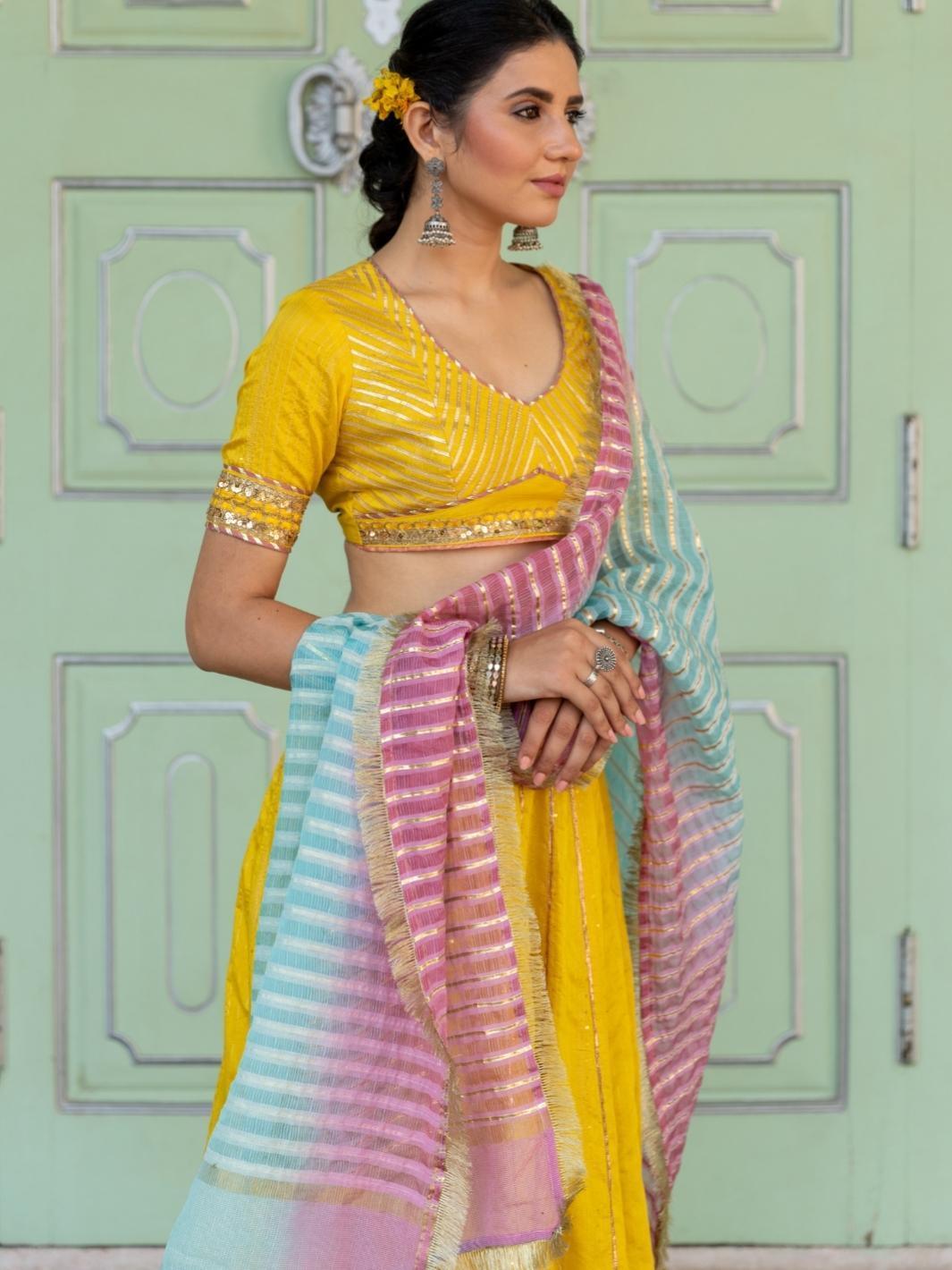 Yellow Embroidered Lehenga Set with Organza Dupatta & Gota-work - Myaara