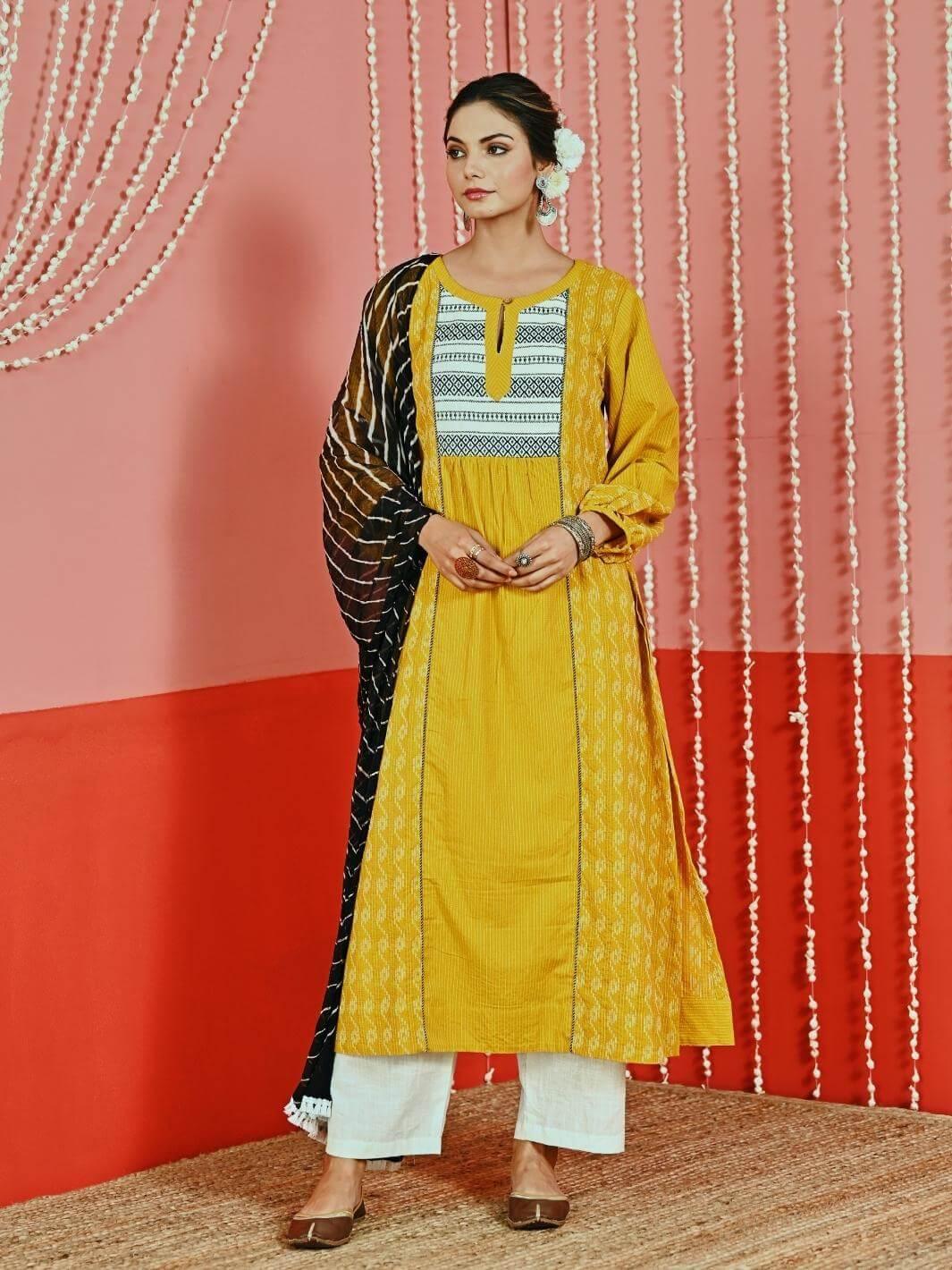 Yellow Kantha Cotton Kurta Set with Leheriya Chiffon Dupatta - Myaara