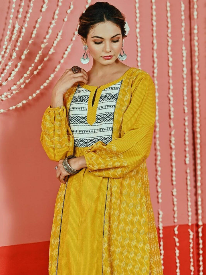 Yellow Kantha Cotton Kurta Set with Leheriya Chiffon Dupatta - Myaara