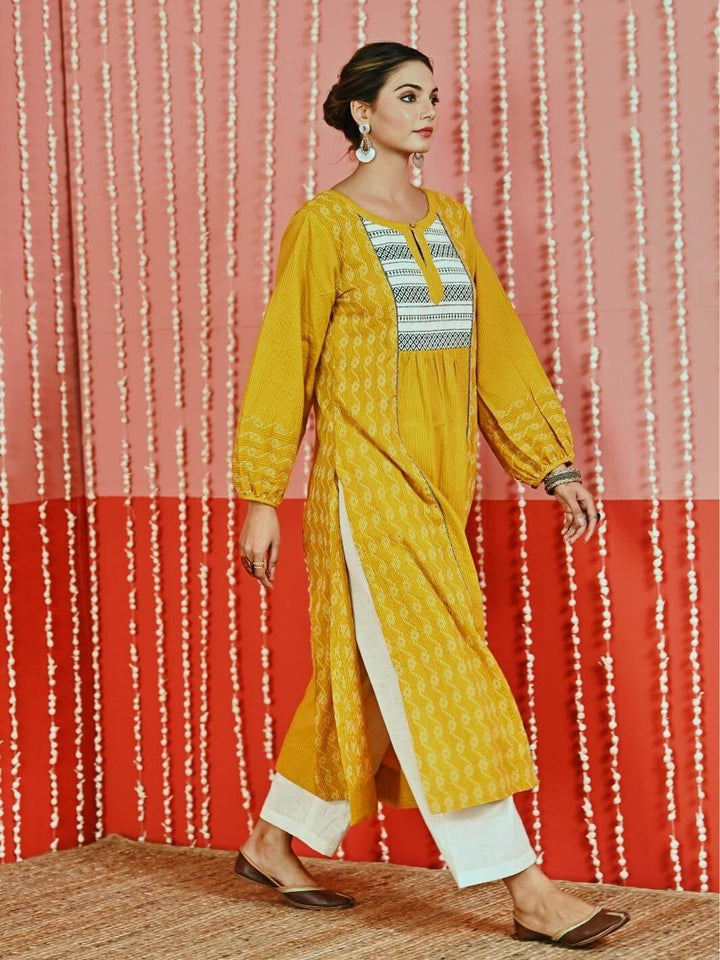 Yellow Kantha Cotton Kurta Set with Leheriya Chiffon Dupatta - Myaara